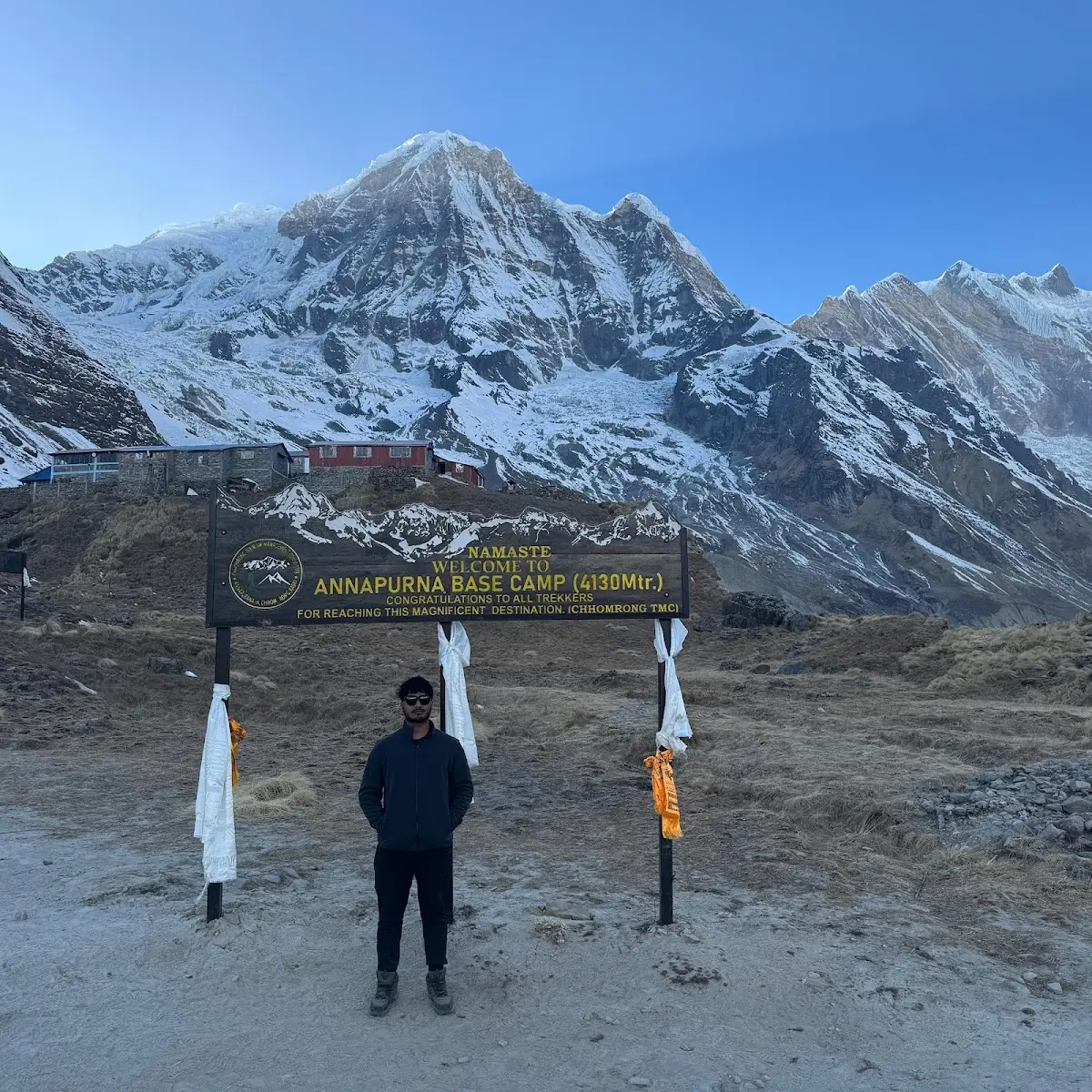 New Annapurna Base Camp signboard at 4130 meters in Nepal