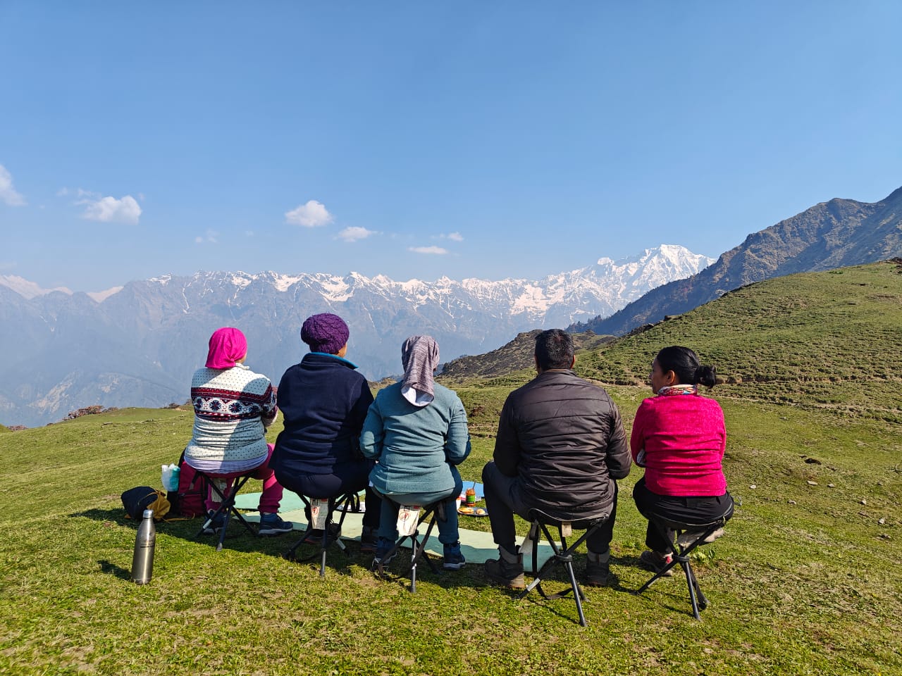 : Panoramic view of Panchachuli Peaks from Ranthan Top at 3,900 meters during the Ranthan Kharak Trek.