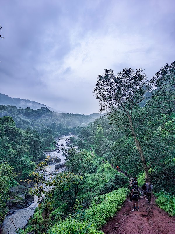 Adventurous stream crossing on the Kalu Waterfall trek trail in Sahyadri
