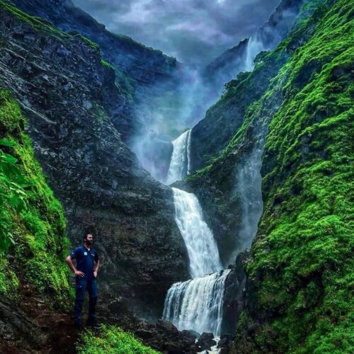 Five-tier Kalu Waterfall plunging down Malshej Ghat cliffs during monsoon