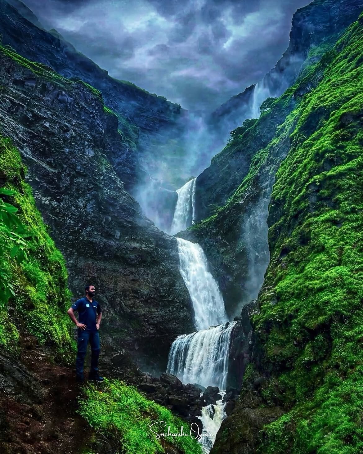 Five-tier Kalu Waterfall plunging down Malshej Ghat cliffs during monsoon