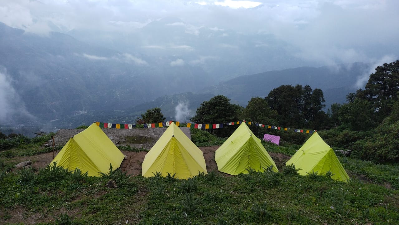 Yellow alpine tents pitched at the Khaliya Top base camp with Himalayan mountains in the background.